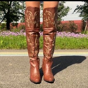 Vegan Leather Embroidered Over Knee Boots, Side Zipper Slip Cowgirl Boots